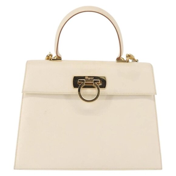 Salvatore Ferragamo Gancini Hand Bag Leather 2way White Gold Auth BA6323 - Picture 3 of 15